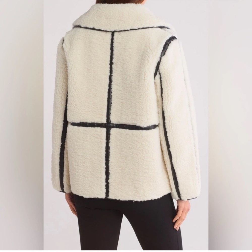 Jason Wu Sherpa button coat faux leather trim Women's Cream black Jacket large - Picture 3 of 4